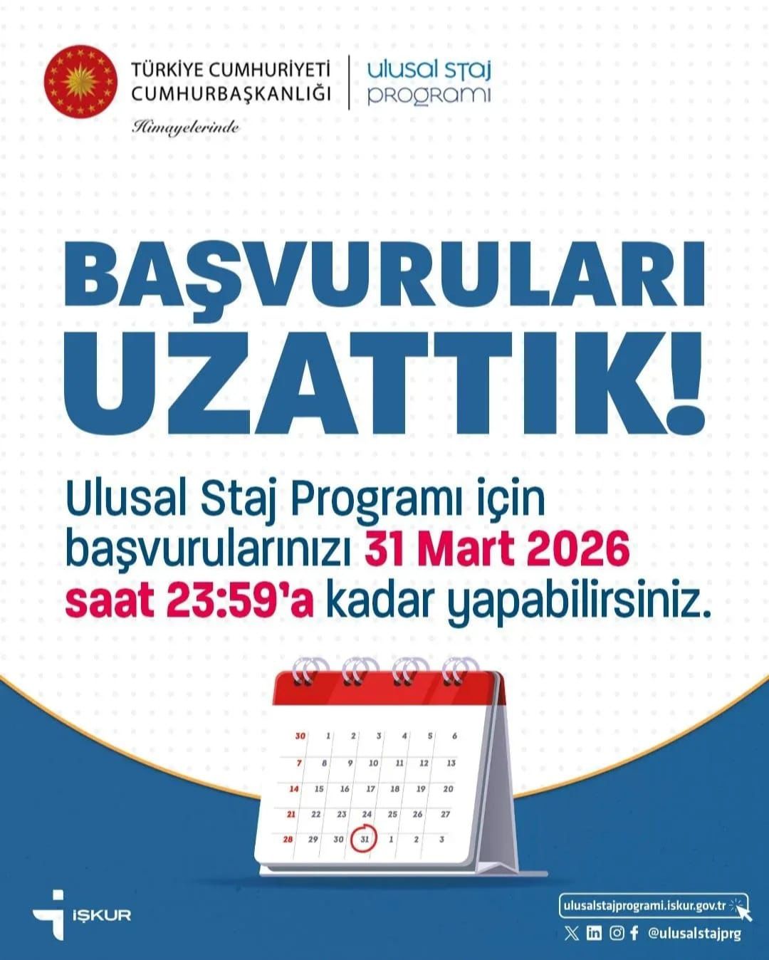 Ulusal Staj Programına Başvurular İçin Süreler Uzatıldı
